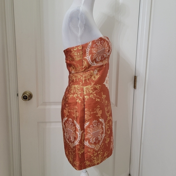 Free People Size 6 Orange-Copper, Gold & Cream Damask Strapless Mini Dress - Picture 5 of 13